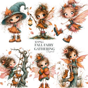 Fall Fairy Clipart Bundle, 30 Cute Autumn Woodland Girl Watercolor, Whimsical Storybook Kids Cards Journal, PNG & JPG
