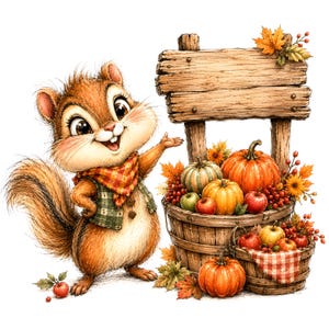 May include: A brown chipmunk wearing a green plaid vest and orange checkered scarf stands next to a wooden sign and two rustic baskets filled with orange pumpkins, red apples, green gourds, and autumn leaves against a white background.