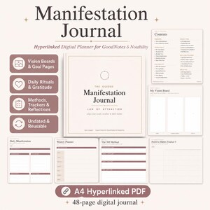 Può includere: Un diario di manifestazione digitale in formato A4, con una copertina intitolata The Guided Manifestation Journal Law of Attraction. Include pagine per vision board, rituali quotidiani, gratitudine, tracker e il metodo 369, con collegamenti ipertestuali per GoodNotes e Notability.