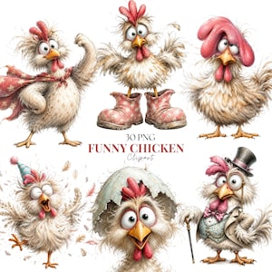 May include: A collection of six cartoon chicken illustrations featuring various characters: one wearing a red star cape, one in polka dot boots, one with a large red comb, one wearing a party hat, one inside an eggshell, and one in a top hat and monocle.