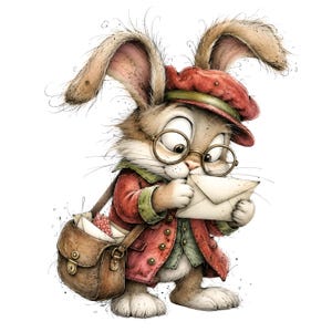 May include: A brown rabbit wearing a red cap, a red coat with green trim, and round glasses, holding a white envelope. The rabbit has a brown leather satchel slung over its shoulder containing additional envelopes, rendered in a detailed illustration style.