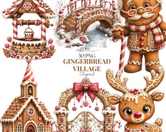 Gingerbread Village Clipart, 30 Cute Christmas House Reindeer Watercolor, Candy Cane Xmas Sublimation Bundle, Junk Journal Cards (PNG & JPG)