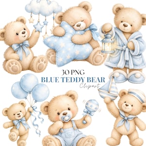 May include: A collection of watercolour illustrations featuring light brown teddy bears with blue accents, including bears with balloons, a star pillow, a lantern, a sailor hat, and a rattle, with the text 30 PNG BLUE TEDDY BEAR Clipart.