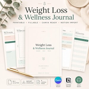 Può includere: Un diario per la perdita di peso e il benessere con pagine stampabili, compilabili, pronte per Canva e Notion. La copertina riporta il testo Weight Loss & Wellness Journal, Nourish Move Thrive e This Journal Belongs To. Penna dorata.
