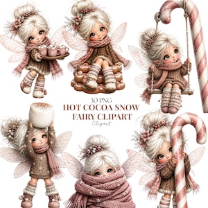 Op de afbeelding: Een collectie van zes illustraties met feeën met blond haar in knotjes, gekleed in bruine truien, roze sjaals en beenwarmers. De feeën interageren met mokken warme chocolademelk, marshmallows en zuurstokken. Tekst: 30 PNG HOT COCOA SNOW FAIRY CLIPART.