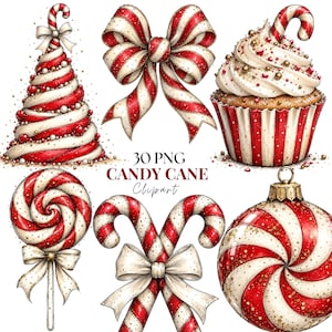 May include: A collection of Christmas-themed digital illustrations featuring a candy cane tree, a striped bow, a cupcake, a lollipop, crossed candy canes, and a round ornament, all with red and white stripes and gold glitter accents. Text reads 30 PNG CANDY CANE Clipart.