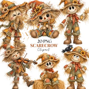 May include: A collection of six scarecrow illustrations featuring straw-like hair, stitched smiles, and patchwork clothing. The characters wear hats adorned with sunflowers and autumn leaves. Text in the center reads 20 PNG SCARECROW Clipart.