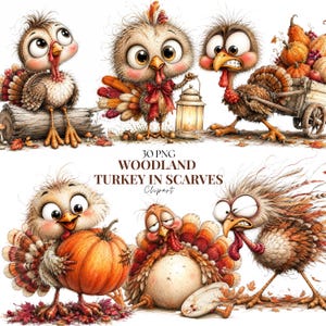 May include: A digital collection of 30 PNG woodland turkey illustrations featuring various turkeys with large eyes, some holding pumpkins, pulling a wooden cart filled with autumn produce, or carrying a lantern, with the text 30 PNG WOODLAND TURKEY IN SCARVES Clipart.