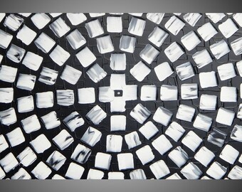 VENTE 90 x 45 Original Abstrait Acrylique Peinture Structuré Moderne Art Carrés Décoration Murale Toile Noir Blanc par ilonka