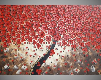 peinture d’arbre art de fleur rouge art mural peinture acrylique grande toile peintures d’art art abstrait décoration murale art de 24 à 90 » par ilonka