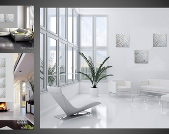 SALE 4 Paintings Together 63" x 16" x 3" Abstract Acrylic Paintings Wall Art Canvas White Silver Metallic Squares 16" x 16" x 3 by ilonka