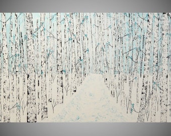 Textured wall art, original painting abstract, horizontal wall decor, acrylic painting on canvas, birch tree wall art, 79x40", art by ilonka