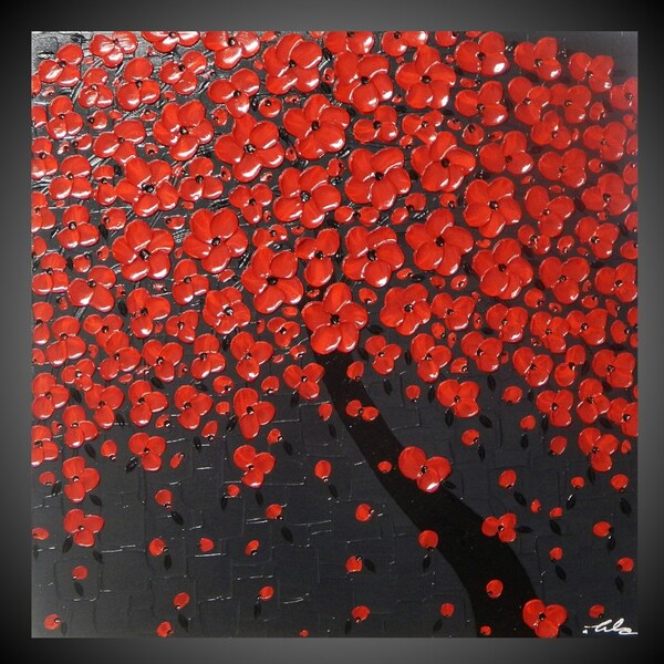 Pintura de árboles Pintura de flores rojas pintura abstracta pintura acrílica pinturas de arte mural pintura roja arte gris 24" - 90" MADE2ORDER por ilonka