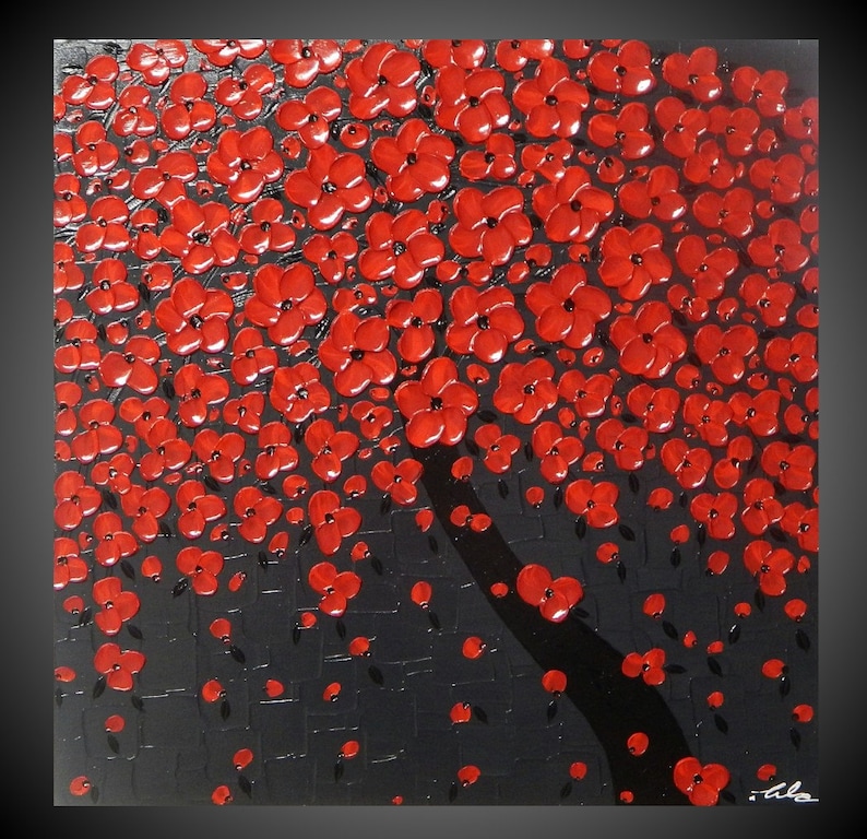 Tree painting Red flower painting abstract painting acrylic painting wall art paintings red painting grey art 24 90 MADE2ORDER by ilonka image 1