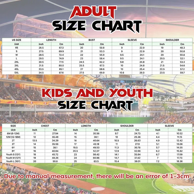 Puede incluir: Una tabla de tallas para adultos y una tabla de tallas para ni&ntilde;os y j&oacute;venes sobre un fondo de estadio de b&eacute;isbol. Las tablas enumeran medidas en pulgadas y cent&iacute;metros para largo, busto, pecho, manga y hombro. El texto indica un margen de error de 1-3 cm.
