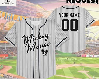 Personaliza la camiseta de béisbol a rayas grises de Mickey Mouse de Disney, ideal para niños, jóvenes y adultos. Regalo de cumpleaños de Disneyland.