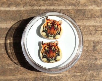Tiger earrings, tiger jewelry, cute tiger, realistic zoo animal gift tiger lover tiger head stud posts