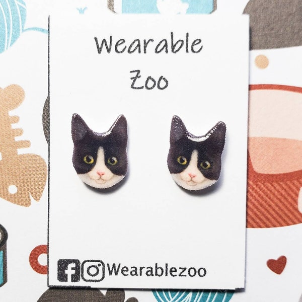 Tuxedo cat earrings cat jewelry black and white cat kitty cat lover gift stud post