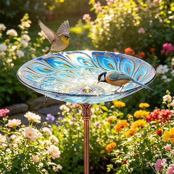 Glass Peacock Bird Bath with Metal Stake, Decorative Garden Feeder