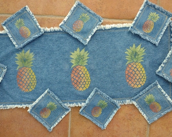 Table Runner and Coasters, Recycled Denim, Handmade and Hand Stenciled Pineapples,  Welcoming Pineapples, Great Housewarming Idea