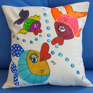 Decorative Pillow Cover, Funky Fish, Handmade and Hand Painted Colorful Funky Fish, Fits a 16 &quot; Pillow, Great for Any Age