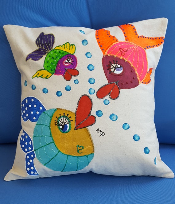 Decorative Pillow Cover Funky Fish Handmade And Hand Painted Etsy