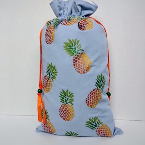 Drawstring Fabric Gift Bag, Hand Stenciled and Handmade Lined Bag, Colorful Pineapples, Large Reusable Cotton Bag