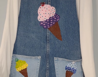 Full Apron, Uncycled Denim,  Recycled Denim Handmade and Hand Painted Full Apron, Ice Cream Treats, Petite Adult or Tween