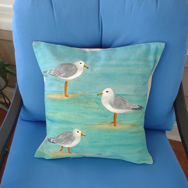 Decorative Pillow Cover, Handmade and Hand Painted Seagulls on Ocean Blue Background, 18" Square, Great Beach or Cabin Pillow