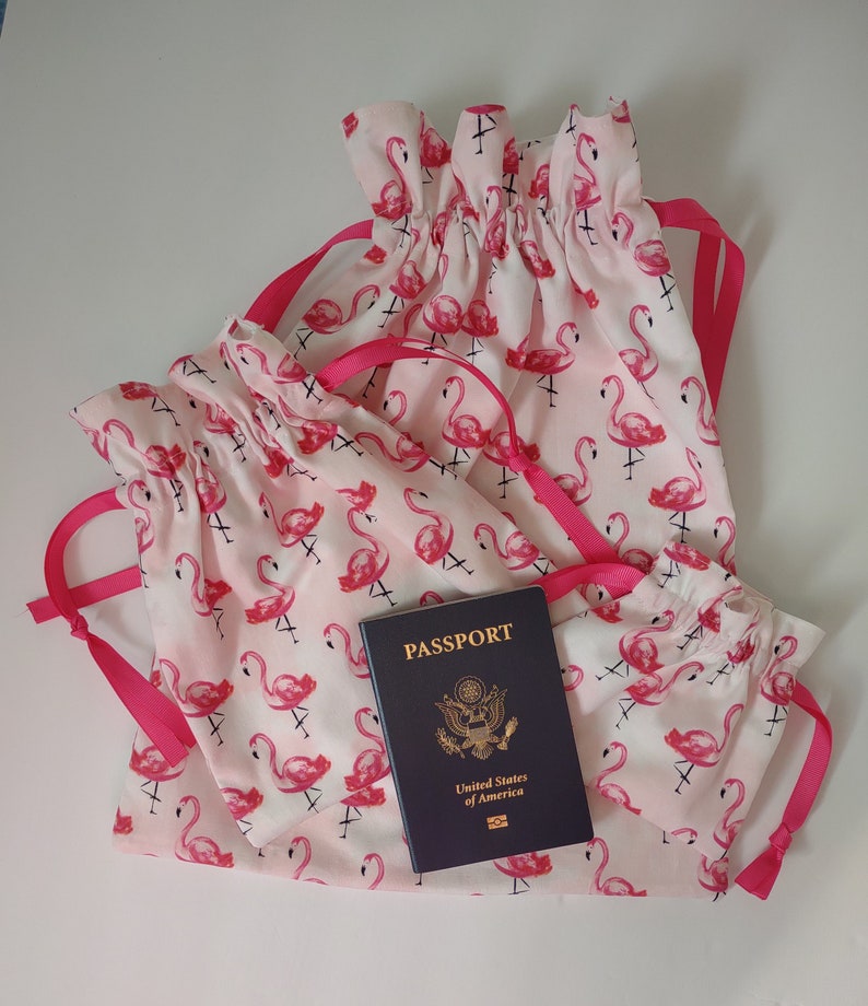 Drawstring Fabric Gift Bags, Luggage Accessory Set, Flamingos to Go ...