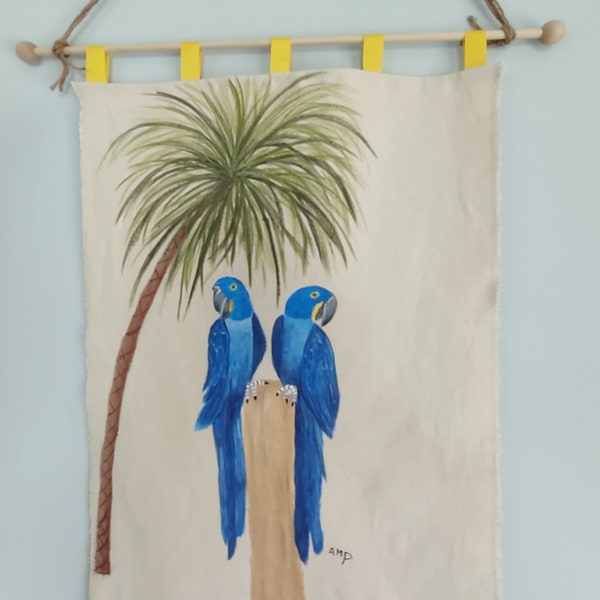 Hanging Art, Hand Painted Hyacinth Macaw Pair, Great Blue Macaws with a Palm Tree, Could Brighten up Any Wall, Cotton Canvas. 20" x 31"