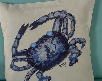 Handmade Blue Crab Pillow Cover: Beach House Decor, 18 Inch