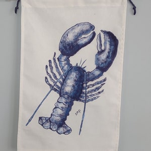 Wall Hanging, Hand Painted Fabric Wall Hanging, Lobster Wall Hanging, Hand Painted Lobster, Blue Wall Hanging, Home Decor,