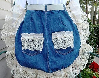 Half Apron - Denim and Lace - Great Gift Idea - Clearance - Upcycled Denim and Lace