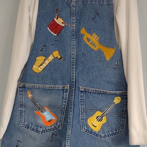 Full Apron, Handmade and Hand Painted, Recycled Denim, Musical Instruments, Petite Adult or Tween Size, Music Lovers will Love It