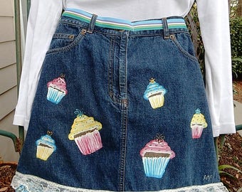 Half Apron - Cupcakes Galore -  Hand Painted Denim Half Apron - Great for Your Special Baker