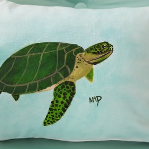 Decorative Pillow Cover, Green Turtle on Light Background ,Handmade and Hand Painted Cotton Duck , 13 x 18 Bolster Pillow Cover image 1