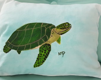 Decorative Pillow  Cover,  Green Turtle on Light Background ,Handmade and Hand Painted Cotton Duck ,   13" x 18" Bolster Pillow Cover