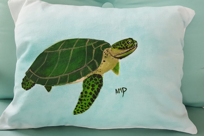 Decorative Pillow Cover, Green Turtle on Light Background ,Handmade and Hand Painted Cotton Duck , 13 x 18 Bolster Pillow Cover image 1