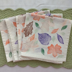 Table Napkins, Autumn Leaves, Assorted Leaves Stamped On Cotton Napkins, Handmade Stamps, One-of-a Kind, Set of 4  Recycled  Cotton Napkins