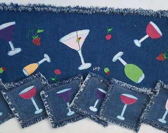 Table Runner and Coasters, Handmade and Hand Painted Upcycled Denim, Colorful Drinking Glasses, Great for a Casual Space