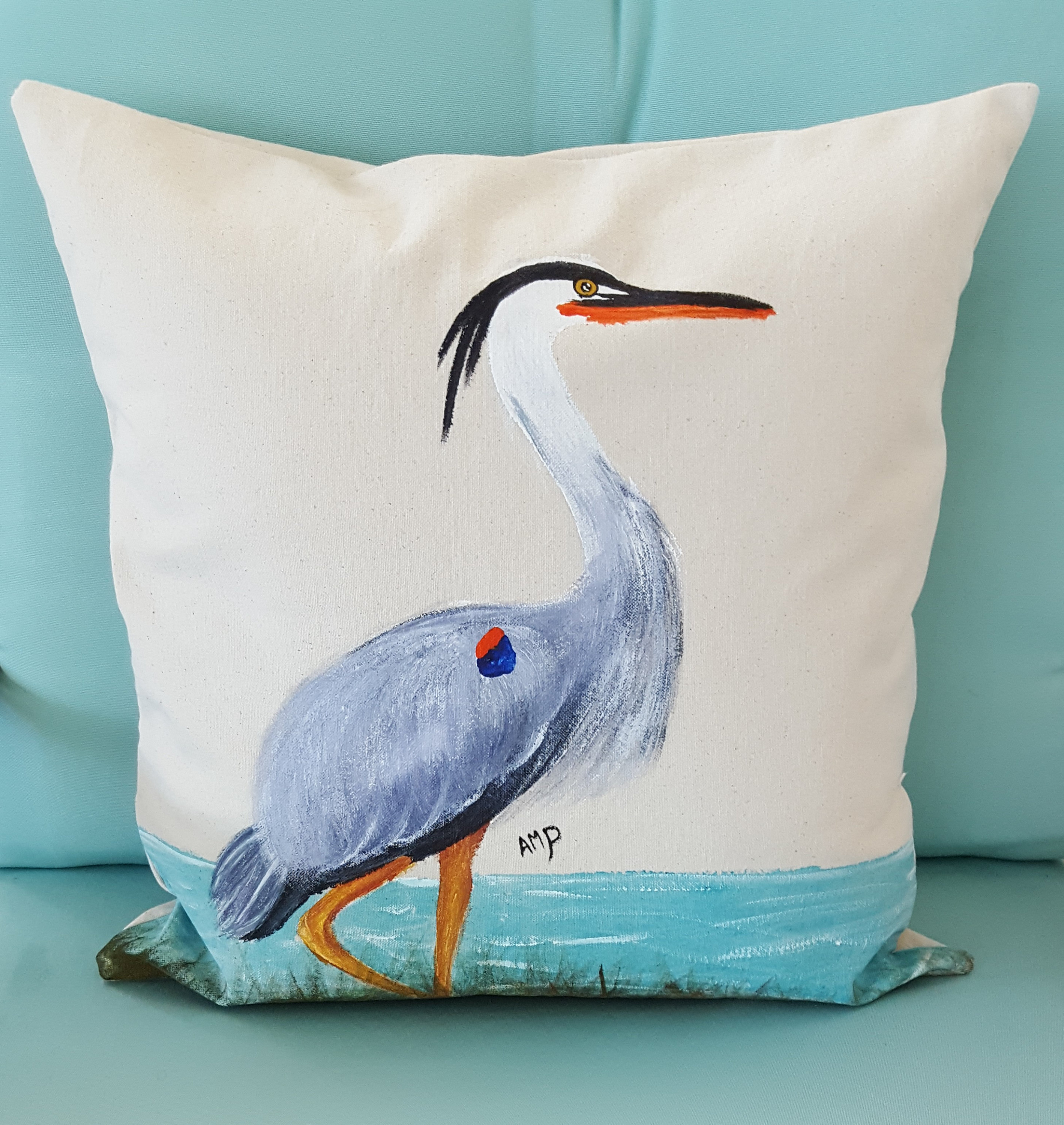 Decorative Pillow Cover Handmade and Hand Painted Blue Heron Etsy