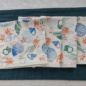 Table Napkins, Colorful Seashells, Seashell Stamped on White Recycled Napkins, Handmade Stamps, Great Bridal Shower or Holiday Gift