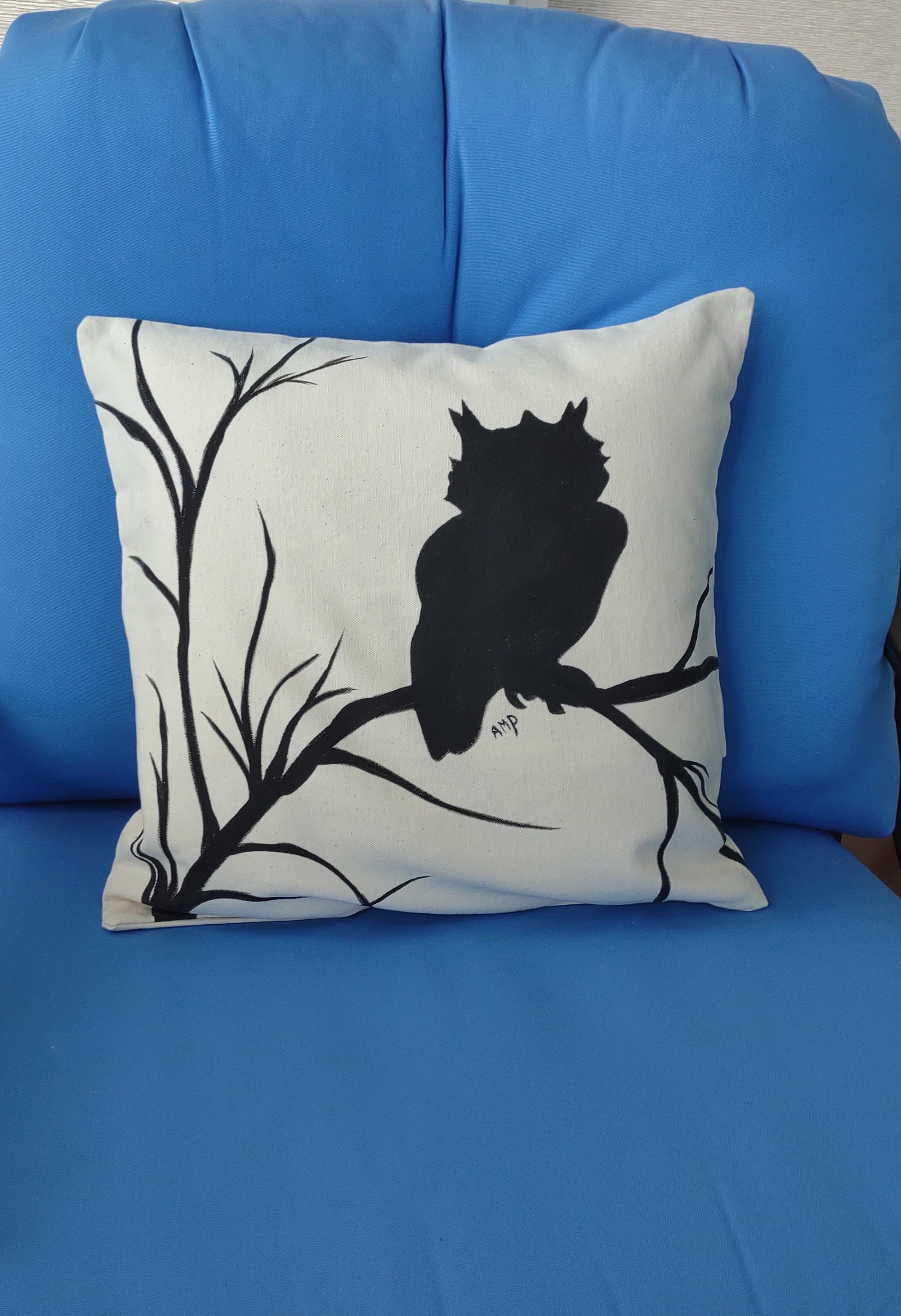 Decorative Pillow Cover, Handmade and Hand Painted Owl Silhouette, 16" Cotton Pillow Cover, Gre
