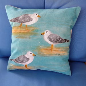 Decorative Pillow Cover, Handmade and Hand Painted Seagulls on Ocean Blue Background, 15&quot; Square, Great Beach or Cabin Pillow
