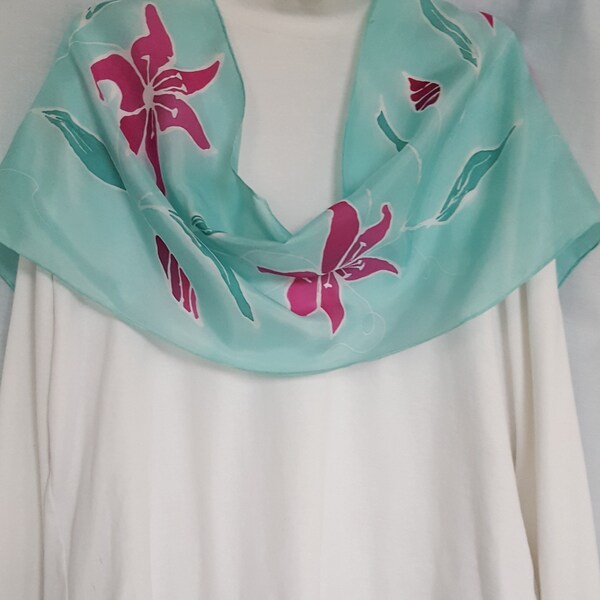 Silk Scarf - Hand Dyed Silk -  Pink Lilies on a Light Green Background - Great Accessory  Gift - Size 11" x 60"