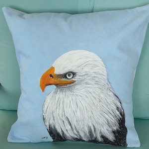 Decorative Pillow, Bald Eagle,  Our National Bird, Handmade and Hand Painted Pillow Cover, Patriotic Pillow Cover,  Cotton Duck