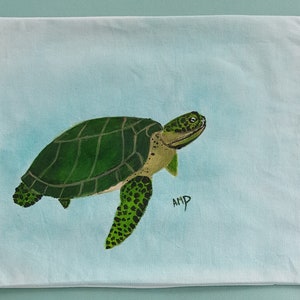 Decorative Pillow Cover, Green Turtle on Light Background ,Handmade and Hand Painted Cotton Duck , 13 x 18 Bolster Pillow Cover image 2