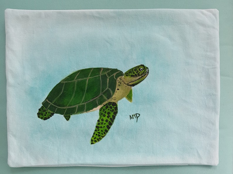 Decorative Pillow Cover, Green Turtle on Light Background ,Handmade and Hand Painted Cotton Duck , 13 x 18 Bolster Pillow Cover image 2