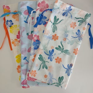 Drawstring Gift Bags, Reusable Fabric Wine Bags, Handmade & Hand Stamped Fabric Bags, Assorted Stamps, Reusable Fabric Bags